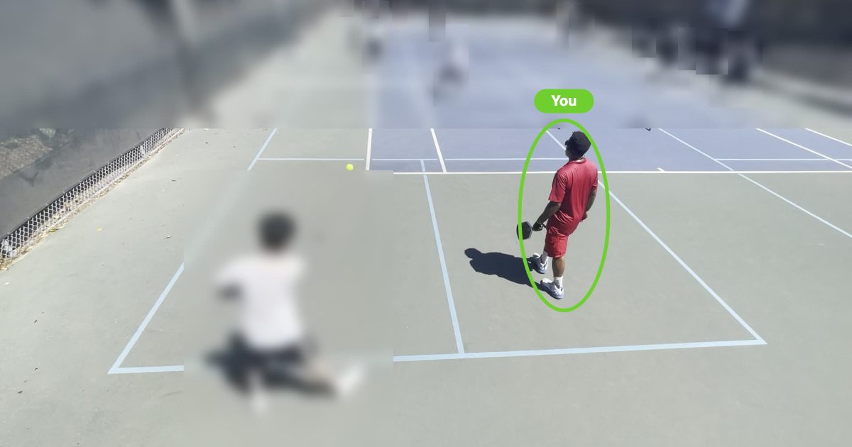 A frame from a real match with a green 'You' ring around the analyzed player; everyone else in the frame is blurred.