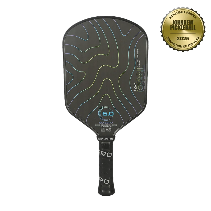 Six Zero Black Opal 14mm 7.9oz 14mm pickleball paddle — Diamond Tough raw carbon fiber face