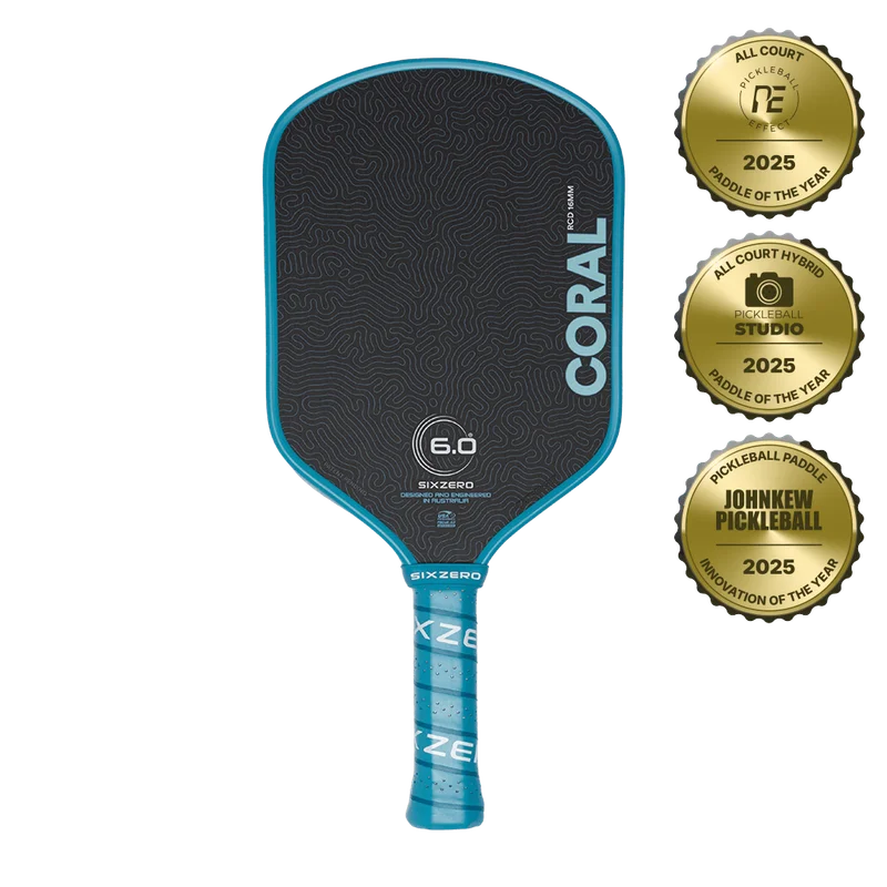 Six Zero Coral Hybrid 16mm 8oz 16mm pickleball paddle — Japanese Toray 700K raw carbon fiber with Diamond Tough Grit face