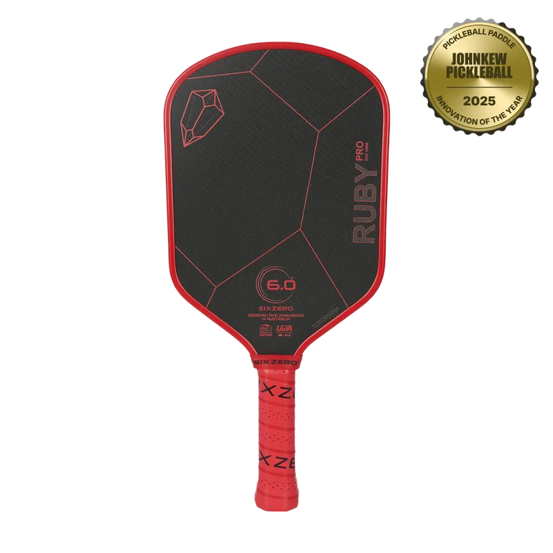 Six Zero Ruby Pro 14mm 7.8oz 14mm pickleball paddle — Diamond Tough Aramid Fiber Flex Tech 45-degree face